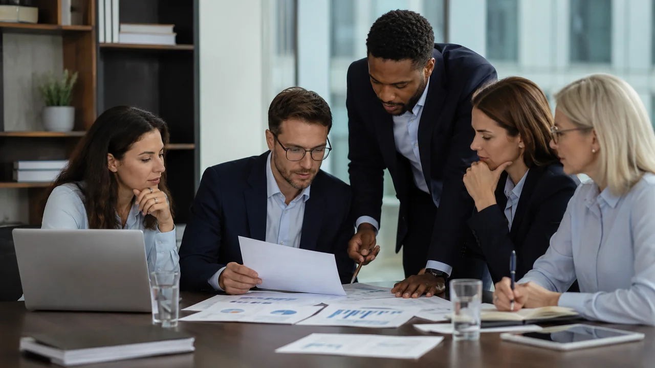 Equipe analisando documentos e regras internas